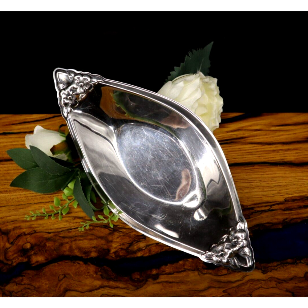 Vintage Mid Century Silver Plated Relish Tray Floral Detail MCM Trinket Dish